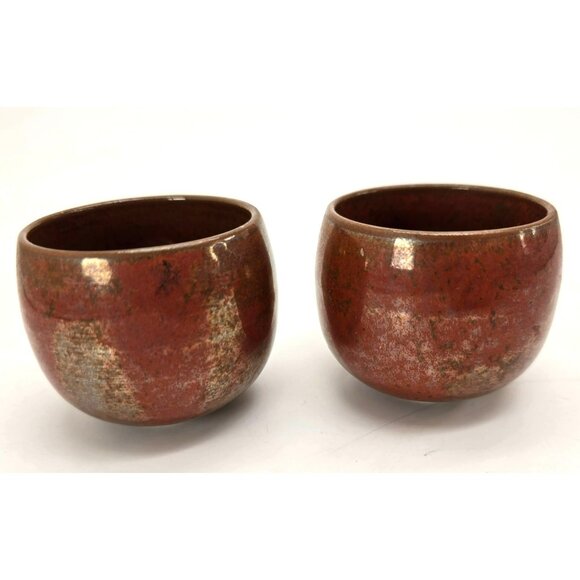 Vintage Ceramic Japanese Tea Cups Set Of 2 Brown Luster Natural Glazed je194 - Picture 1 of 7